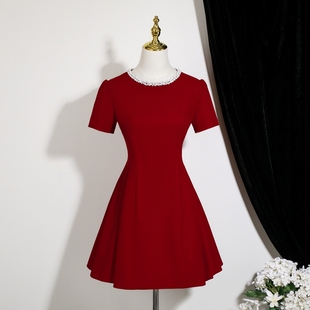 秋冬季新款重工钉珠酒红色领证公司年会主持生日裙连衣裙小礼服女