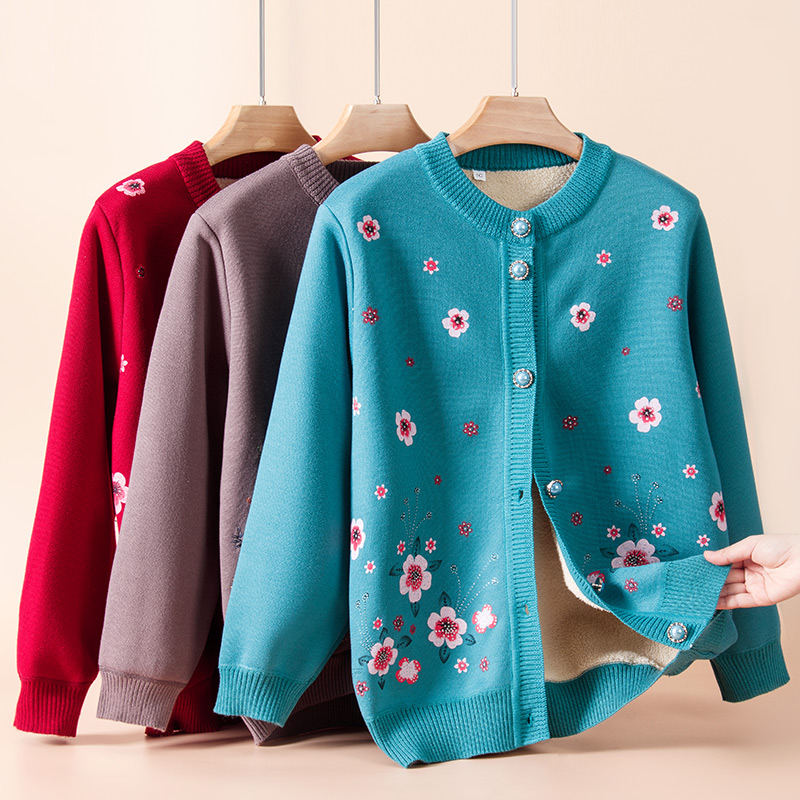 中老年人妈妈上衣女加绒加厚奶奶针织开衫秋冬老人老太太保暖内衣