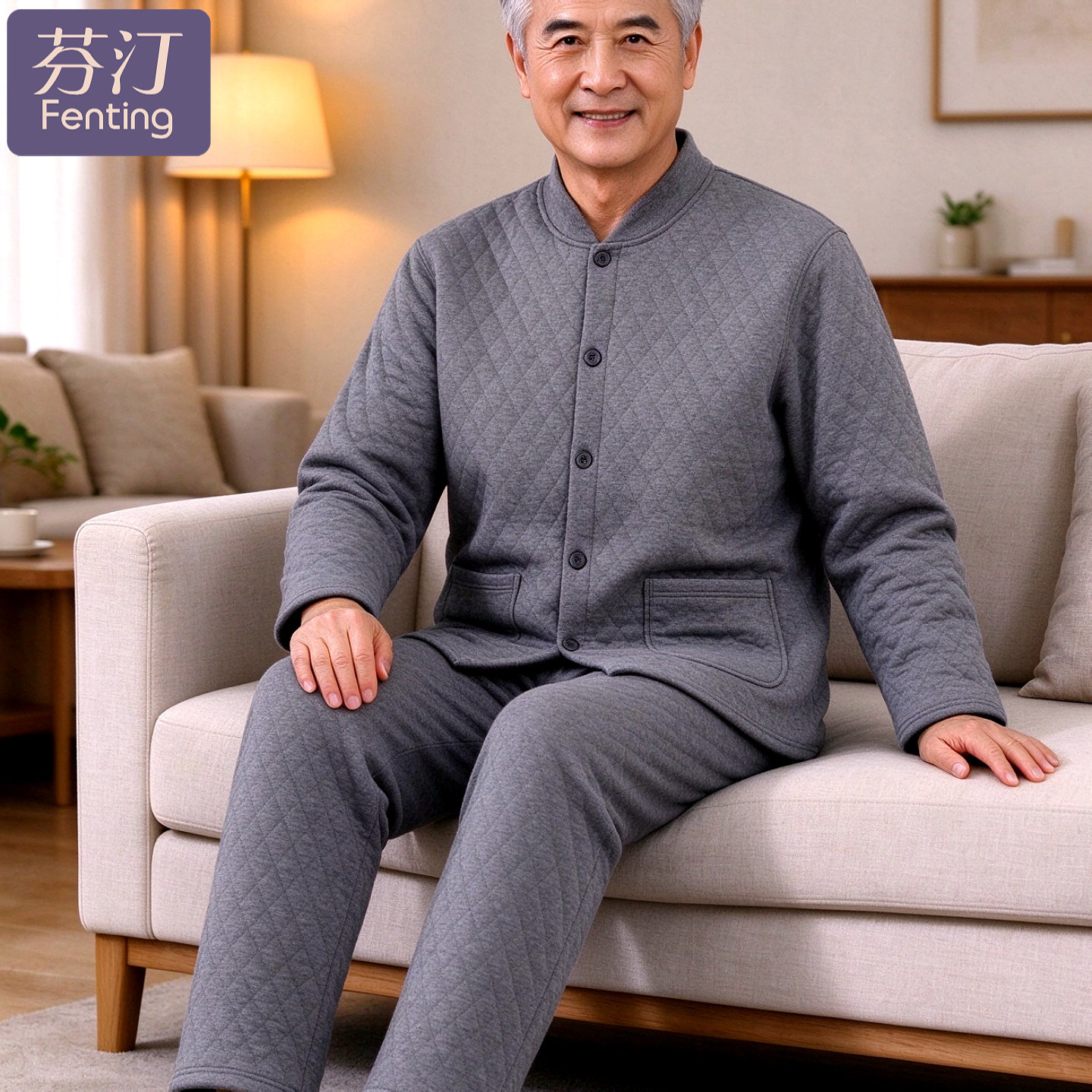 舒适夹棉睡衣男款全棉保暖加厚大码老年人纯棉秋冬爸爸家居服套装