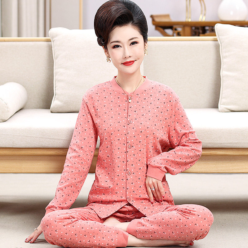 妈妈纯棉开衫秋衣秋裤女士中老年人棉毛衫全棉薄款冬保暖内衣套装