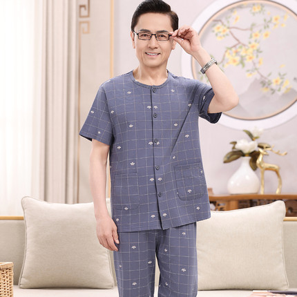 睡衣男夏季纯棉短袖长裤夏天薄款中老年人100%全棉爸爸家居服套装