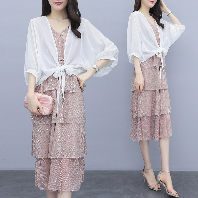 胖妹妹显瘦套装2020夏装新款200斤大码女装吊带防晒连衣裙两件套