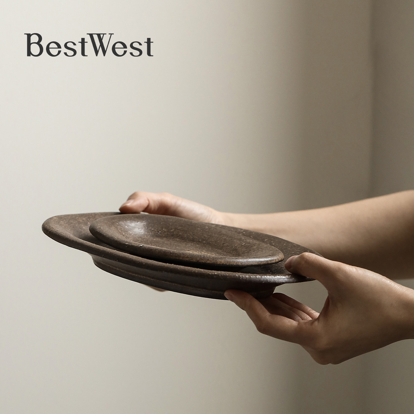 BEST WESTx阿沐 |棕砂釉粗陶椭圆盘侘寂风艺术食器家用早餐点心盘