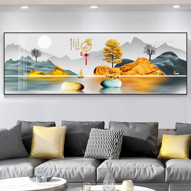 客厅装饰画沙发背景墙画壁画新中式山水挂画晶瓷镶钻画字画轻奢画图片