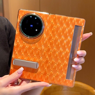 适用于vivoxfold5手机壳孔雀纹红高端立体感带支架VIVO XFold5磁吸翻盖皮套橙色vivoxfold5pro新款保护套闺蜜