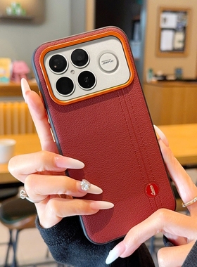 适用于红米K90手机壳高级橙色金属按键双线徕卡k90promax新款过年红素皮款K90ProMax冠军版轻奢商务保护套