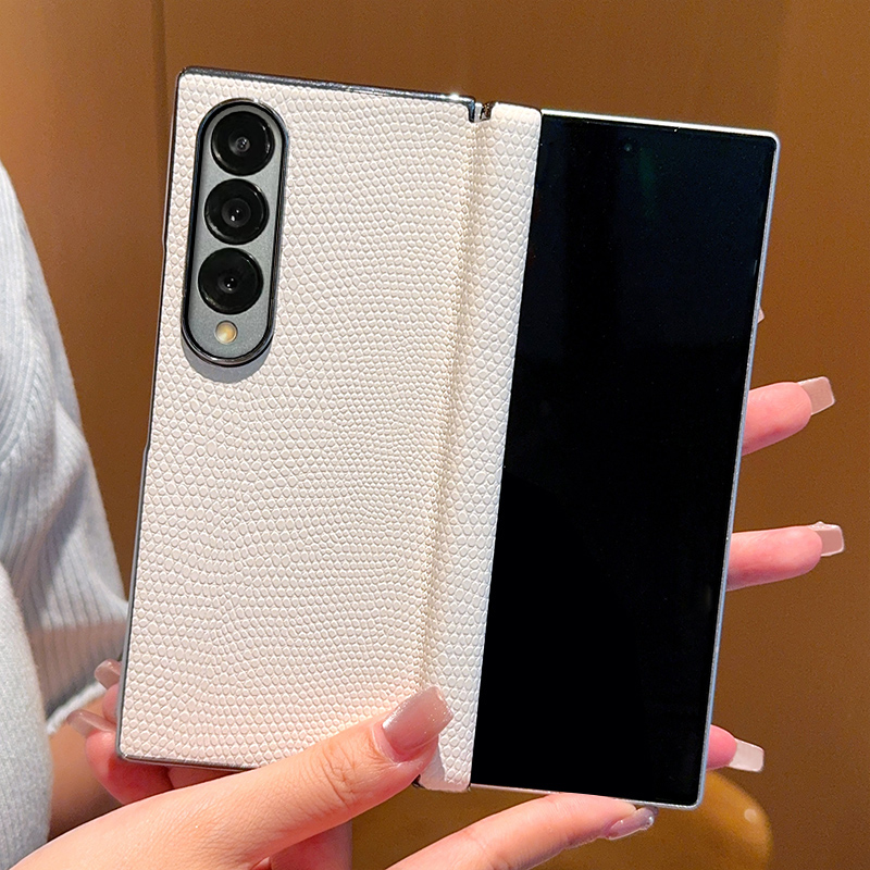 适用于三星Z Fold4手机壳奢华时尚简约电镀蜥蜴纹香草白硬壳三星zfold5包中轴折叠屏商务男女款保护套