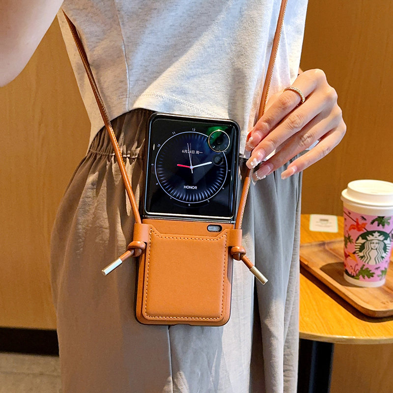 适用于摩托罗拉razr50手机壳轻奢商务高级感棕色斜挎卡包挂绳皮质壳男女款摩托罗拉razr50ultra折叠防摔