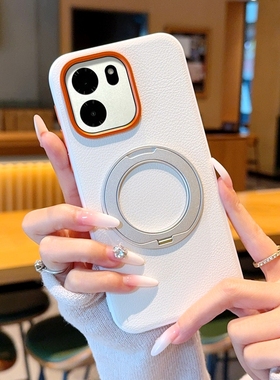 适用于一加Turbo6V手机壳圆形旋转支架商务oneplus一加新款皮质全包防摔1+turbo6轻奢橙色金属镜头6v保护套