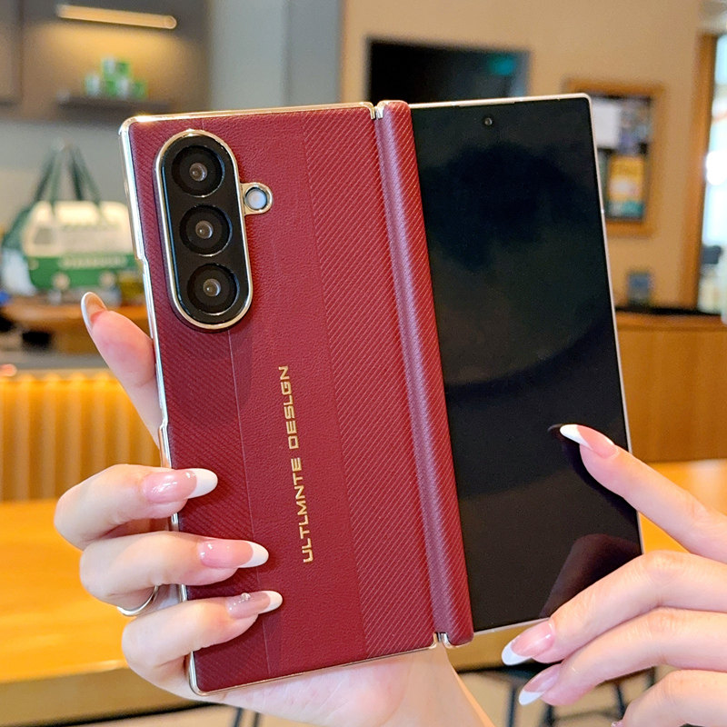 适用于三星ZFold7手机壳纯色皮质包中轴