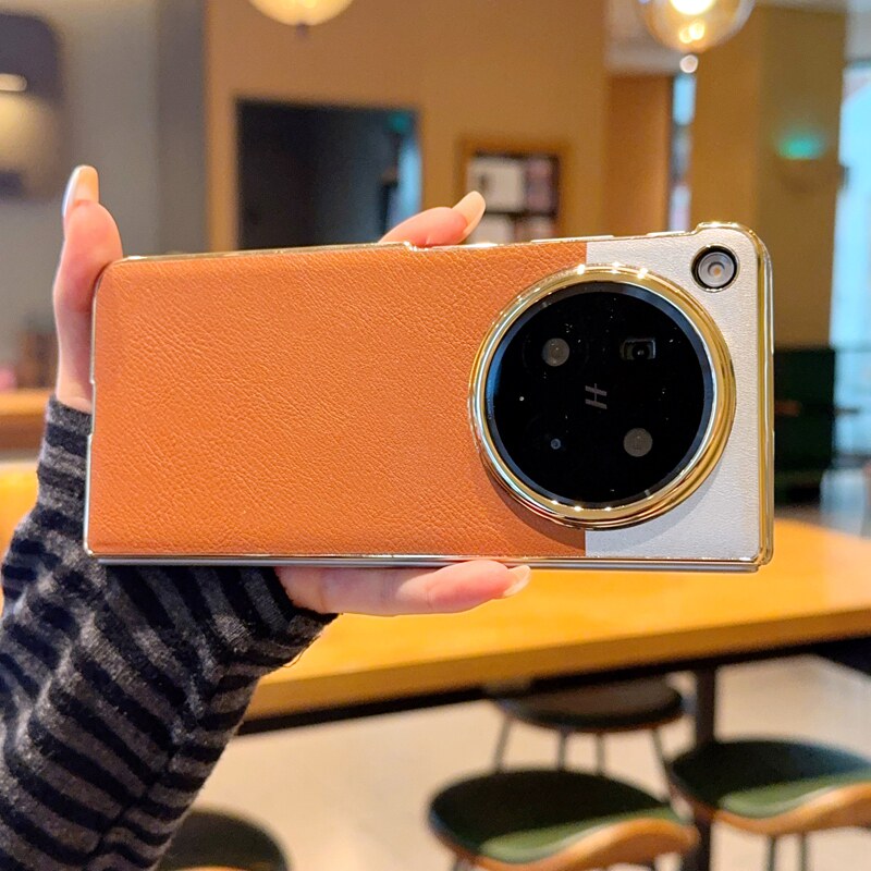 适用于OPPO Find N6手机壳大漠银月电镀金边高端findn6双色拼接新款素皮oppofindn5防摔保护套女