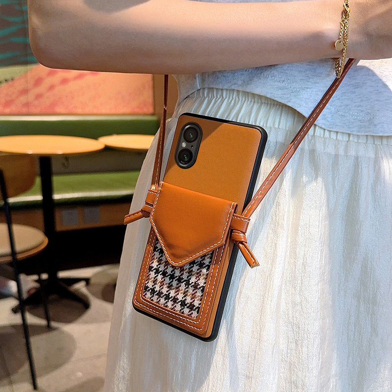 适用于索尼Xperia 5 V 手机壳高端高级感棕色皮质索尼5v新款千鸟格卡包设计斜挎背带挂绳索尼xperia5v保护套