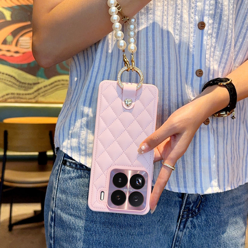 适用于小米15手机壳高级珍珠手链ins风小米15Pro少女粉嫩菱格小香风Xiaomi硬壳全包手提式爱心皮扣保护套