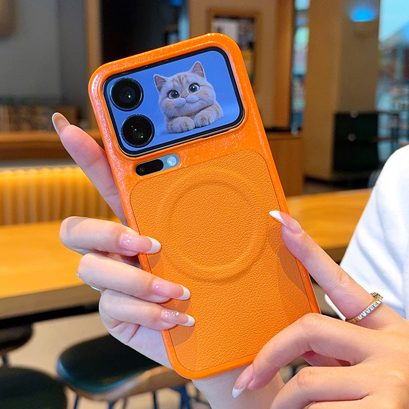 适用于小米17ProMax手机壳带磁吸秒变17系列钢琴烤漆xiaomi 17pro奢华创意荔枝纹橙色小米17全包立体感保护套