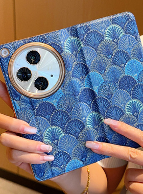 适用于OPPO Find N3手机壳高级感开屏蓝色花纹磁吸皮质硬壳个性findn3折叠新款小众皮革超薄全包式防摔保护套