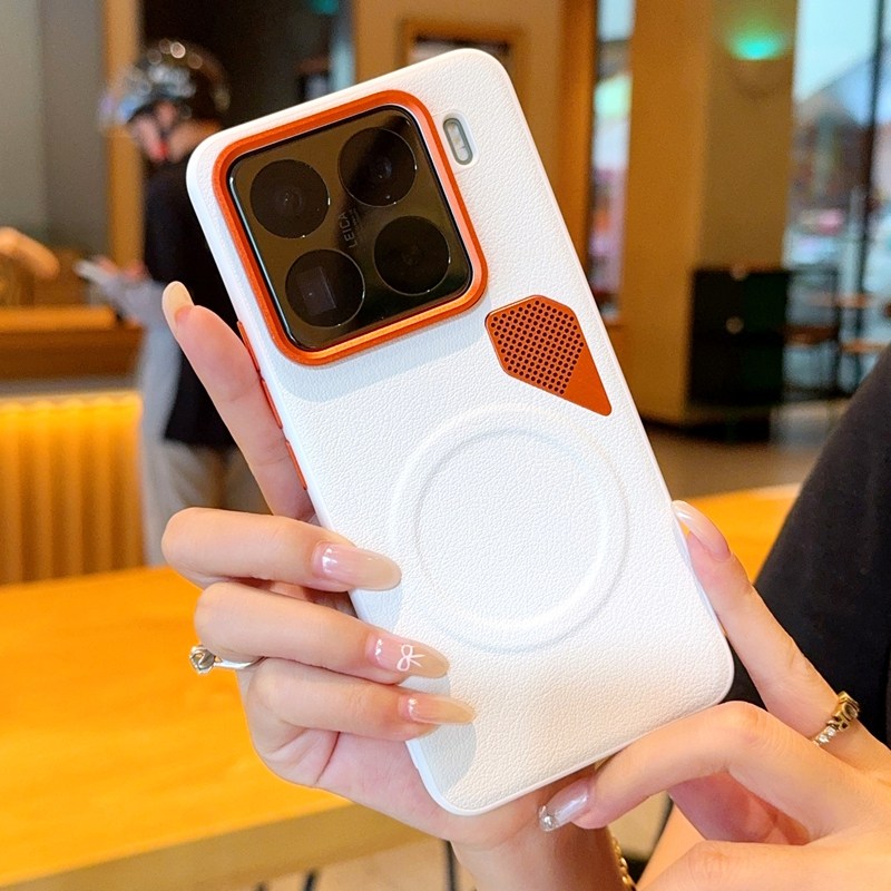 适用于小米15Pro手机壳橙色金属镜头小米15spro素皮防摔小米14Pro创意自带散热小孔小米14磁吸立体感保护套