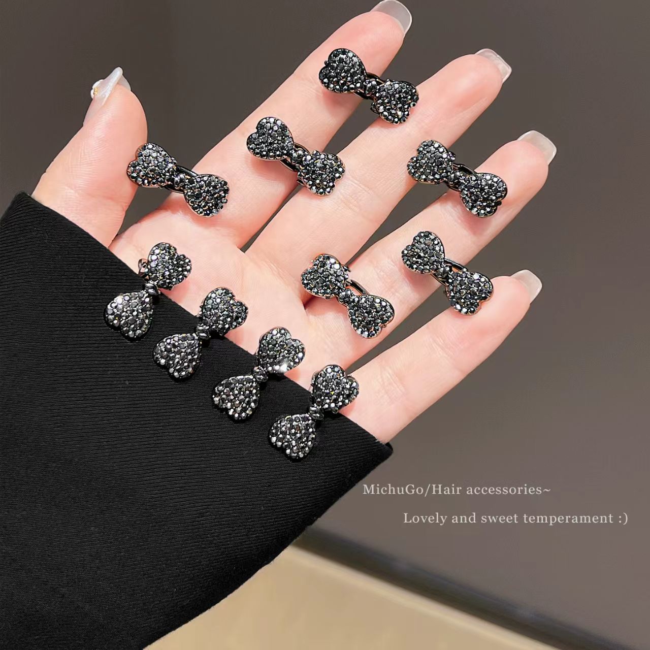 小号新款水钻蝴蝶结侧边鸭嘴夹子发卡高级感前额发夹迷你饰品