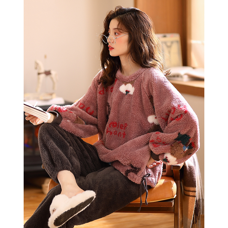 韩版珊瑚绒睡衣秋冬季加厚家居服