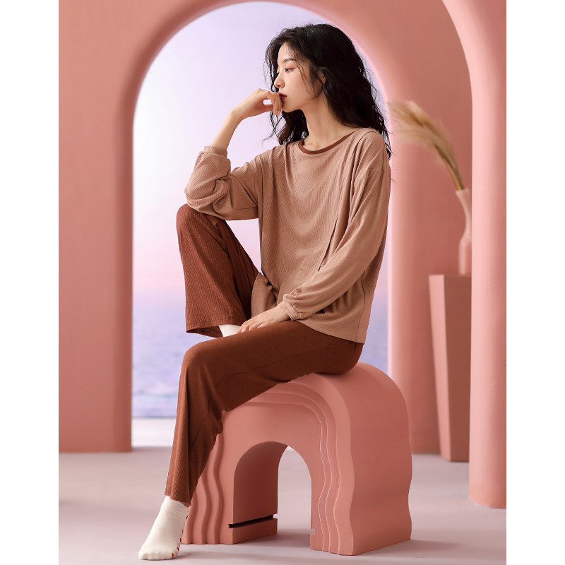新款睡衣女春秋季套头长袖长裤纯色大牌风高级感家居服可外穿套装