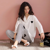 套装 2025新款 白色开衫 家居服春夏大码 带胸垫睡衣女春秋款 纯棉长袖