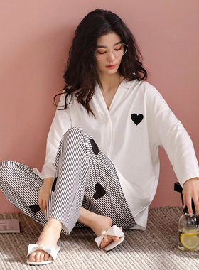 2025新款带胸垫睡衣女春秋款纯棉长袖白色开衫家居服春夏大码套装