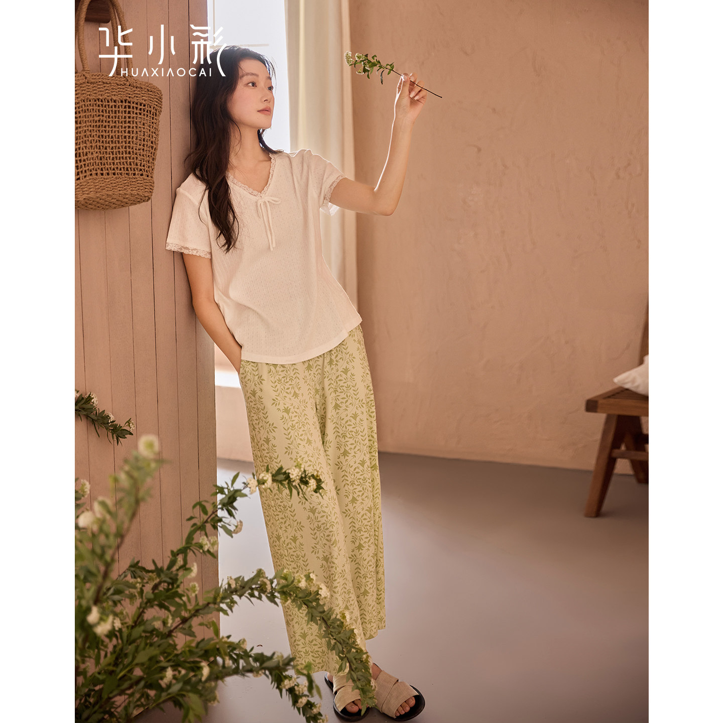 带胸垫睡衣女夏季纯棉套头短袖长裤温柔轻熟风碎花蕾丝家居服套装