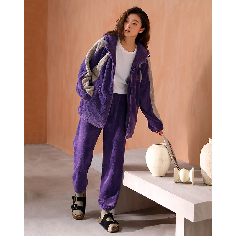 珊瑚绒睡衣女秋冬款休闲连帽外穿