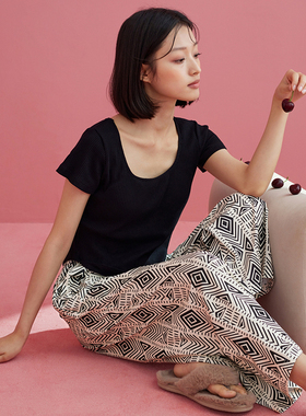 睡衣带胸垫一体夏季女纯棉短袖长裤时尚复古高级感黑色家居服套装