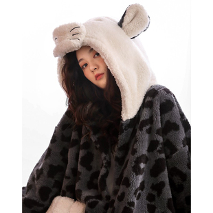 珊瑚绒情侣睡衣女秋冬季款豹纹加厚加绒长款家居服套装可爱睡袍男