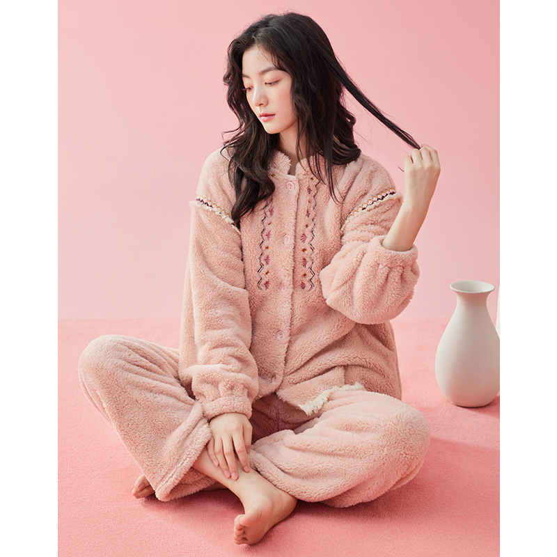 珊瑚绒睡衣女冬季加厚粉色中国风