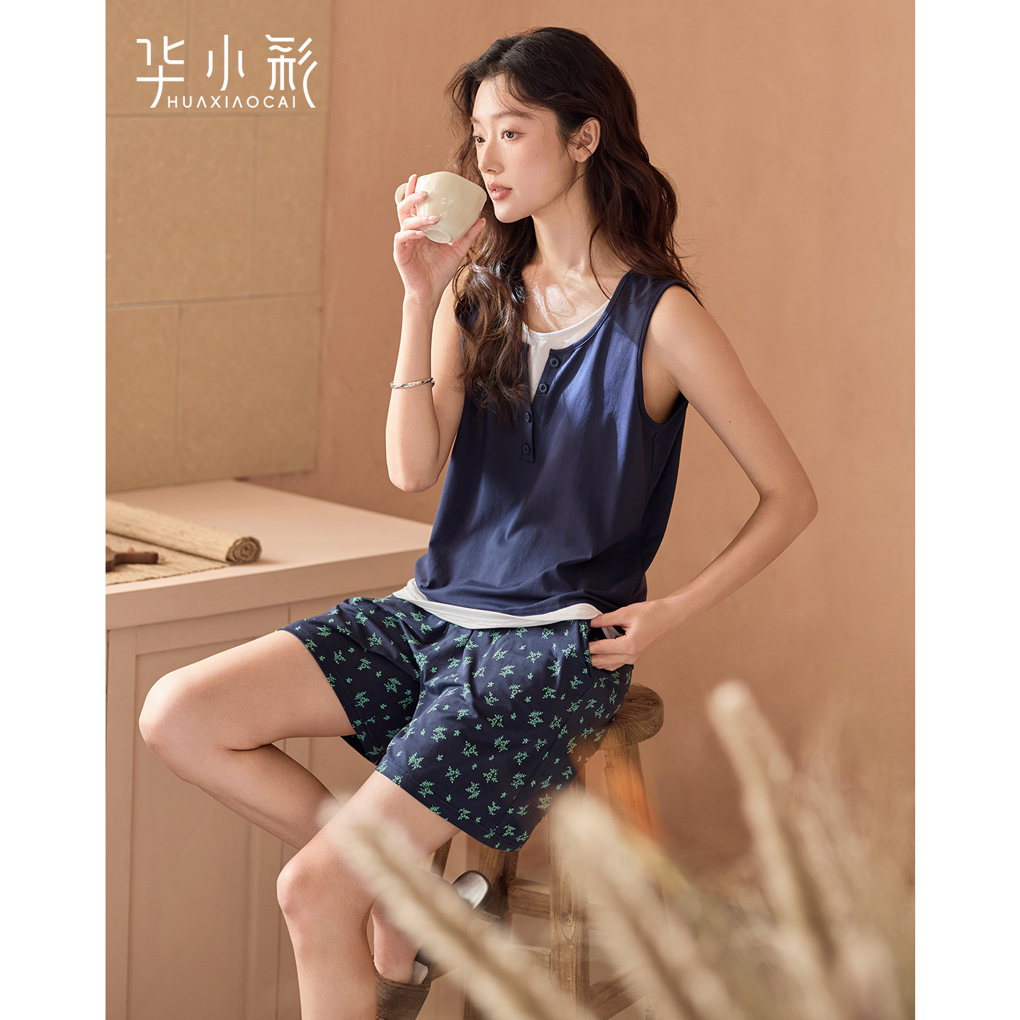 带胸垫睡衣女款夏季超软莫代尔棉无袖背心碎花短裤夏天家居服套装
