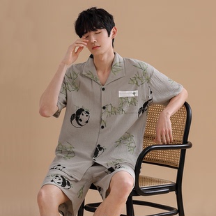 套装 男士 梭织纱布熊猫高级感家居服夏天休闲薄款 睡衣夏季 纯棉短袖