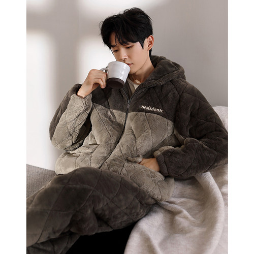 睡衣男冬款加厚三层夹棉湖南省服