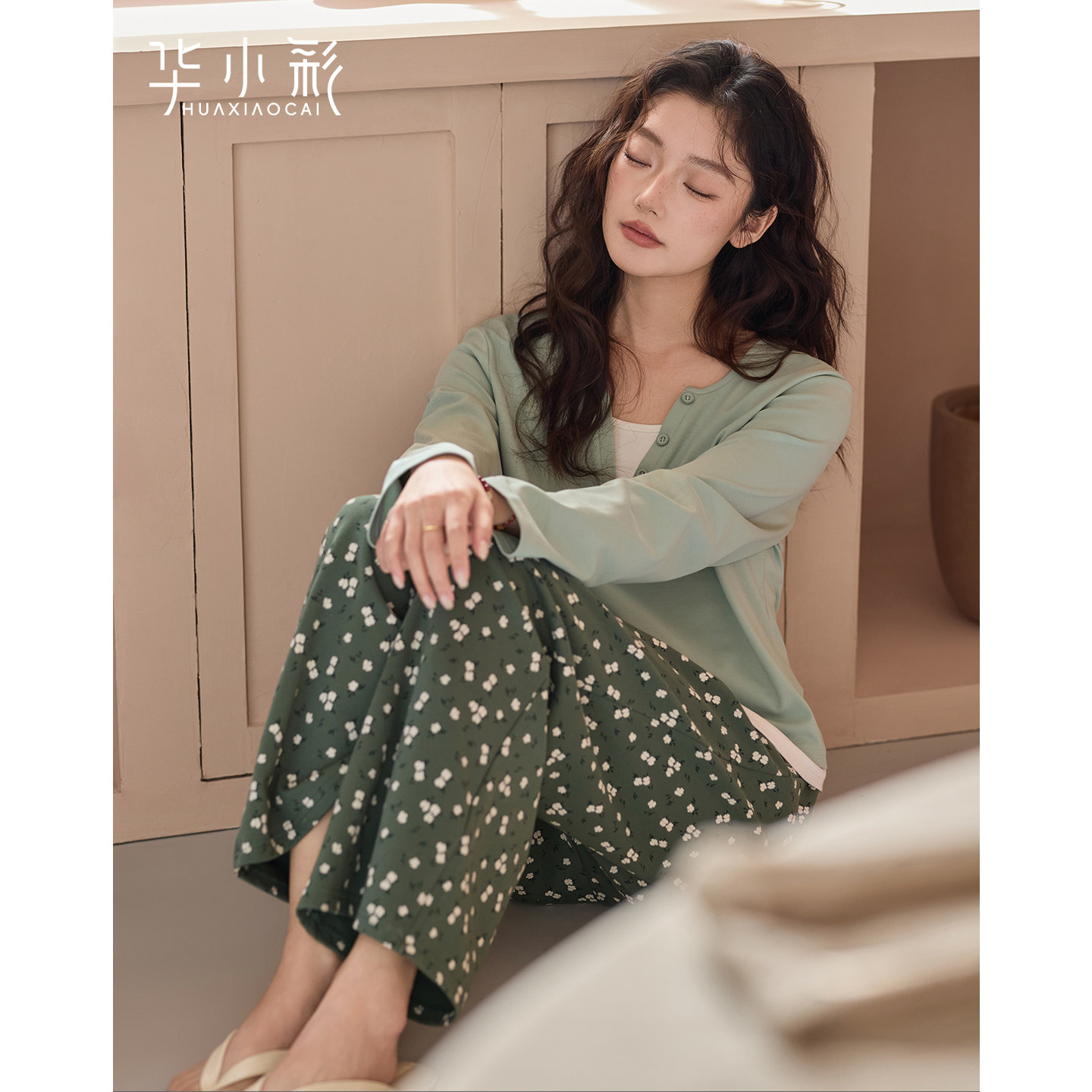 带胸垫睡衣女春秋季纯棉长袖大码碎花漂亮出门可外穿家居服套装夏