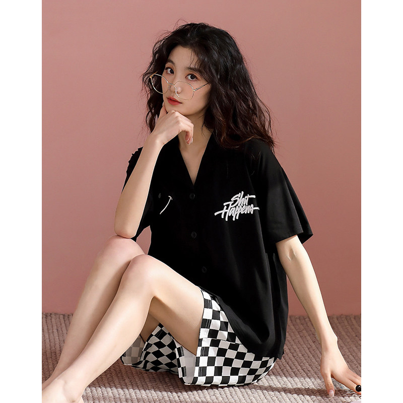 睡衣女夏季休闲可外穿出门家居服纯棉短袖短裤黑色高级感格子套装,女士内衣/男士内衣/家居服,睡衣/家居服套装,淘宝优惠券,粉丝福利购,淘宝优惠卷