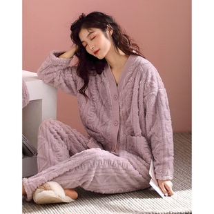 高级感甜美紫色减龄家居服套装 女士睡衣秋冬款 珊瑚绒加厚毛绒冬季