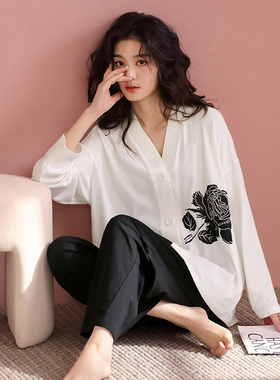 华夫格睡衣女春秋款纯棉长袖日式开衫黑白色家居服可外穿时尚套装