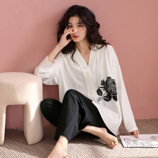纯棉长袖 套装 日式 黑白色家居服可外穿时尚 开衫 华夫格睡衣女春秋款