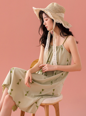 吊带睡裙女夏季夏天纯棉薄款绿色精致绝美轻熟性感纯欲风睡衣裙子