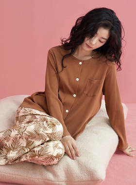 睡衣女春秋款纯棉长袖高级感开衫带胸垫家居服秋冬可外穿大码套装
