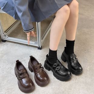 增高显瘦单鞋 英伦风厚底小皮鞋 魔术贴双扣乐福鞋 新款 2025春季