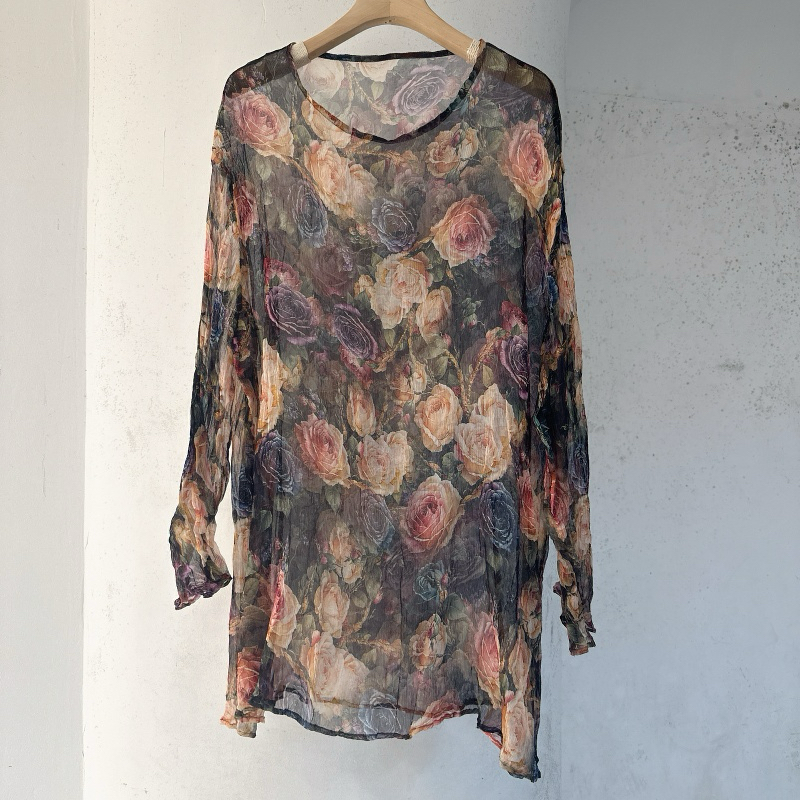 2025夏季新款大码女装印花真丝顺纡套头上衣100%桑蚕丝套头罩衫