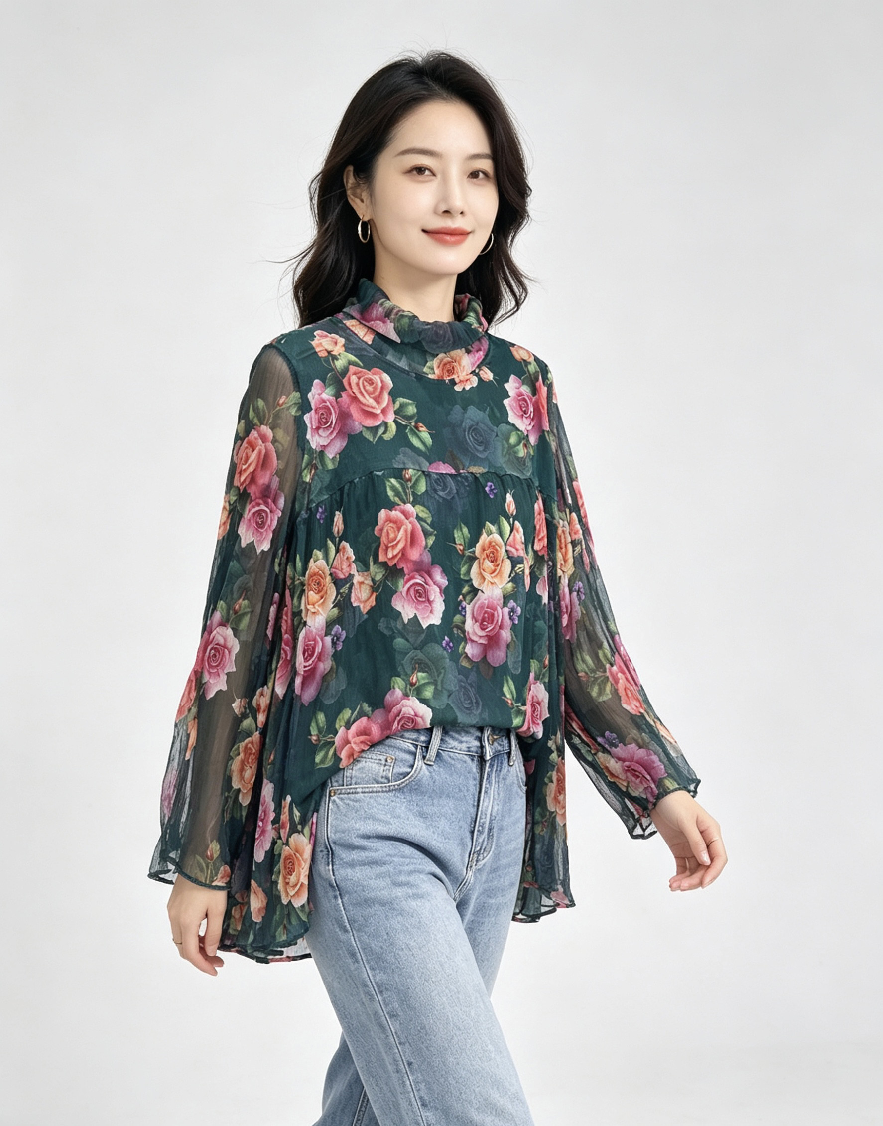 2025秋冬新款真丝印花高领上衣女大码长袖百搭100%桑蚕丝套头衫