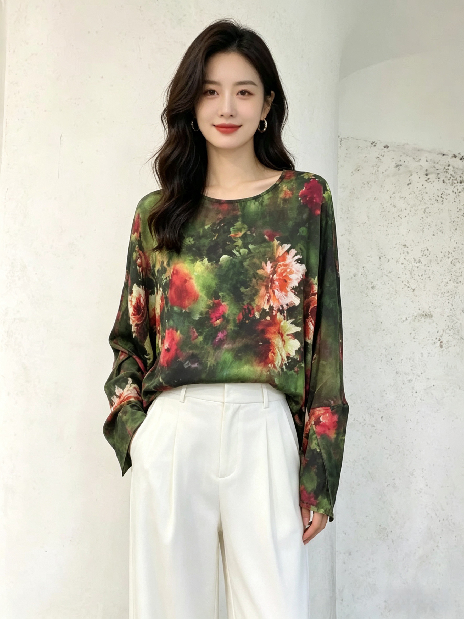 2025秋季新款真丝缎印花圆领套头衫100%桑蚕丝长袖大码女百搭上衣
