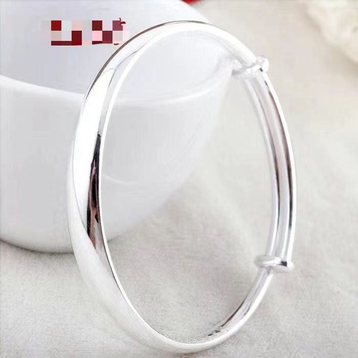 999银手镯女年轻款宽面手饰光面实心手镯推拉纯银镯子送妈妈情侣