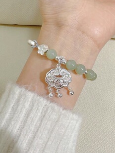 999纯银平安锁手链女生半镯半链猫眼石手镯手饰女生日礼物送女友