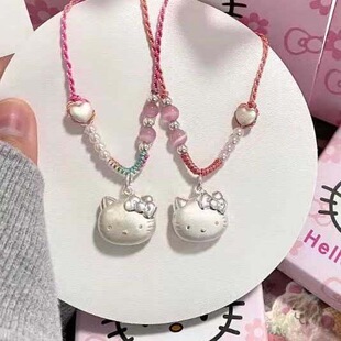足银999纯银hellokitty猫头吊坠凯蒂KT银项链编绳送女友生日礼物