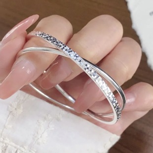 双环碎冰冰足银9999银手镯女闭口纯银镯子气质闺蜜女友节日同款礼