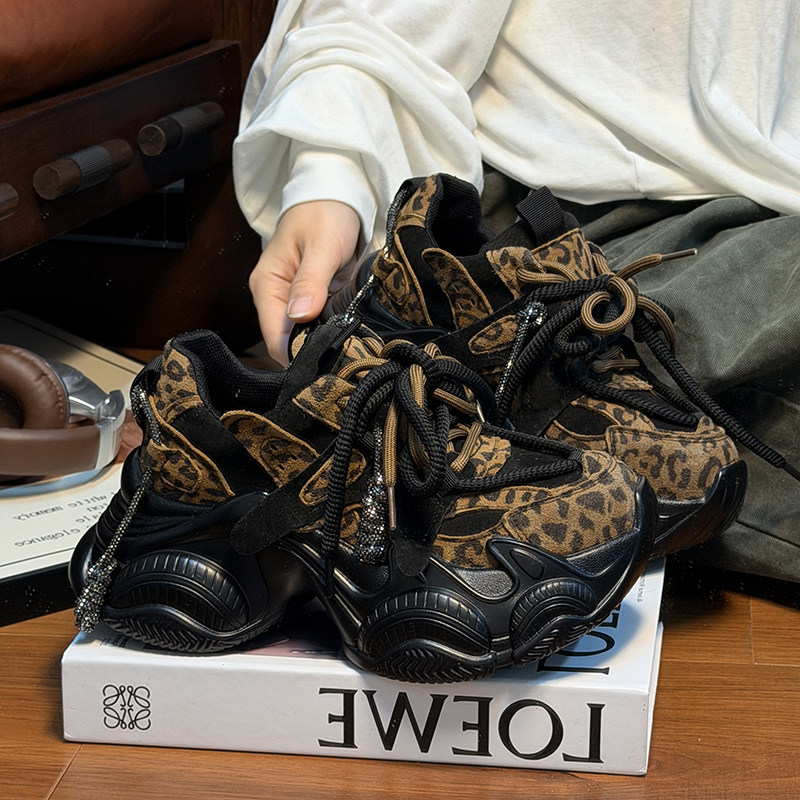 磨砂真皮豹纹系带厚底老爹鞋女2025新款百搭小个子增高休闲运动鞋,女鞋,老爹鞋,淘宝优惠券,粉丝福利购,淘宝优惠卷