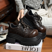 复古真皮松糕厚底小皮鞋 单鞋 女英伦风圆头德比鞋 小个子增高乐福鞋